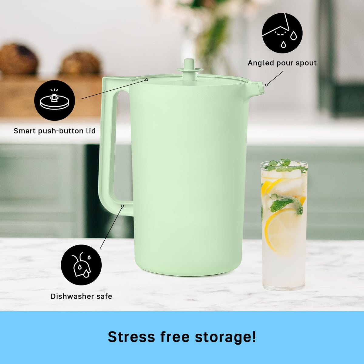Tupperware Heritage mint pitcher ergonomic handle for easy pouring when full.