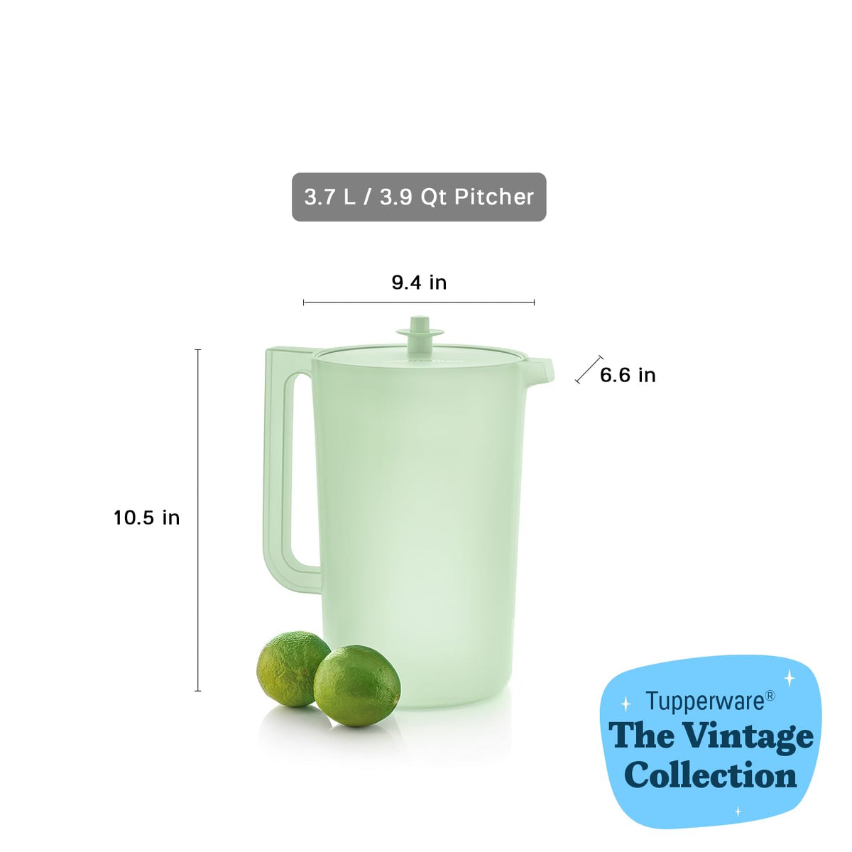 Tupperware Heritage mint pitcher ice-control feature keeps pours splash-free.