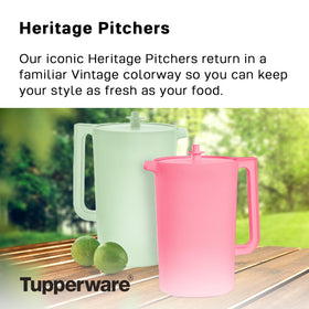 Tupperware Heritage mint pitcher lid button shows ready-to-pour and secure closure.