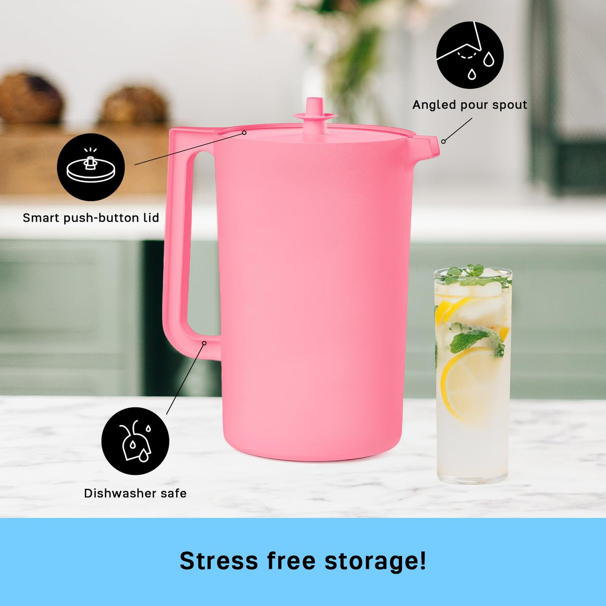 Tupperware Heritage 1 Gallon Pitcher large ergonomic handle makes pouring easy.