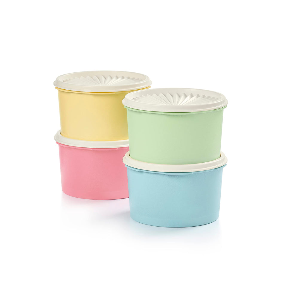 Tupperware Heritage canisters with sunburst lid shown for freshness and style.