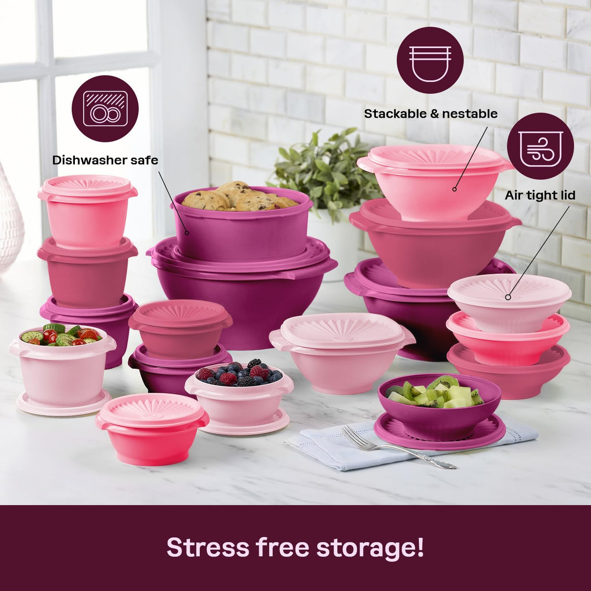 Tupperware Heritage Collection 18 containers with lids organized for daily use.