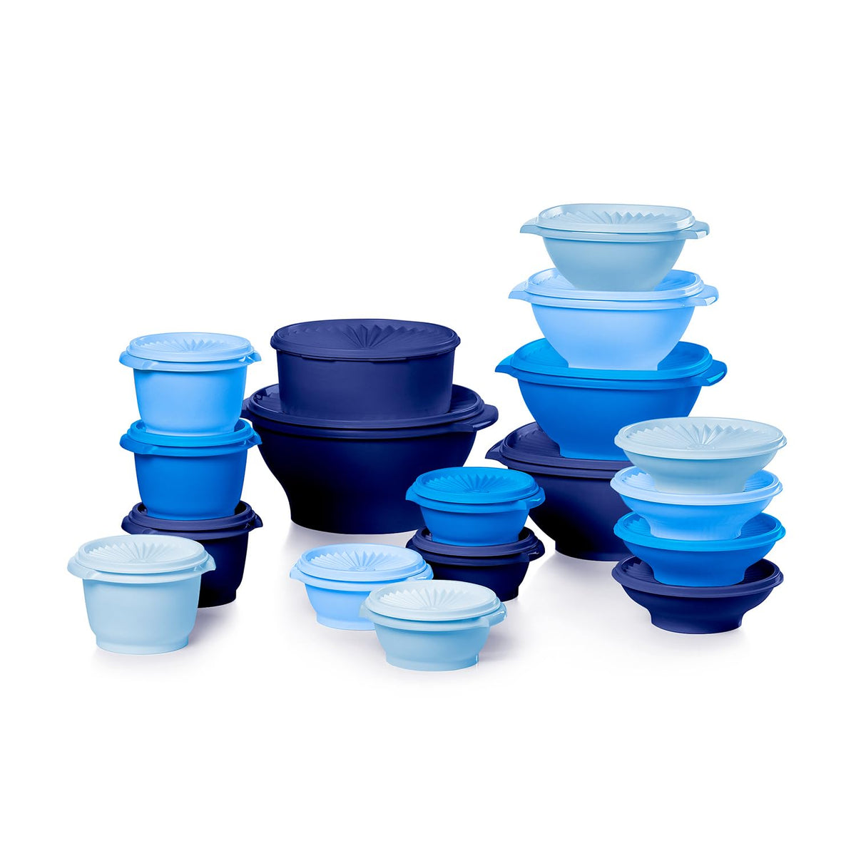 Tupperware Heritage 36-piece set front view showing compact stacking for storage