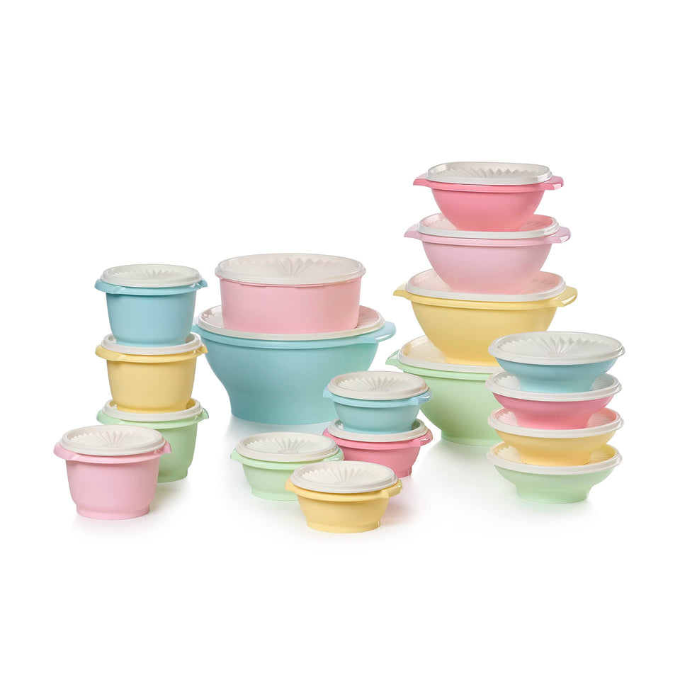 Tupperware Heritage 36-piece set with lids for organized pantry storage.