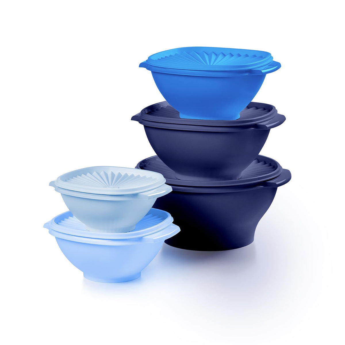 Tupperware Heritage 5-nesting bowls showcase compact storage for organized kitchen cabinets.
