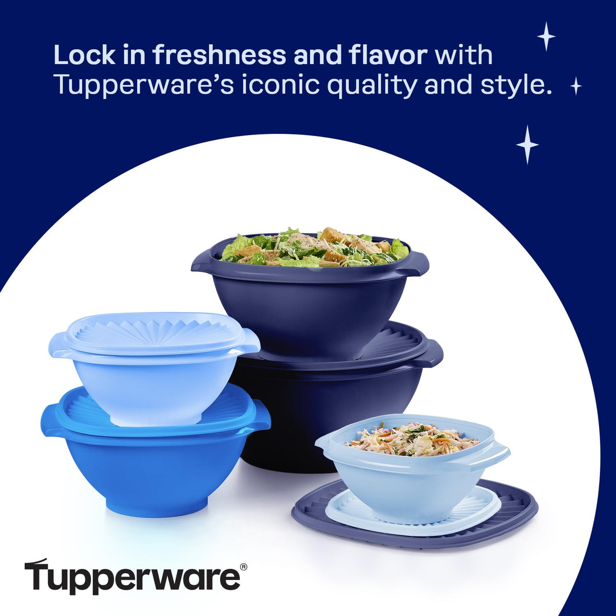 Tupperware Heritage lids stack neatly for quick access and space-saving storage.