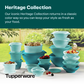 Tupperware Heritage Collection nesting bowls neatly stacked for space-saving storage.