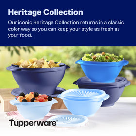 Tupperware Heritage sunburst lid design on bowls for airtight freshness.