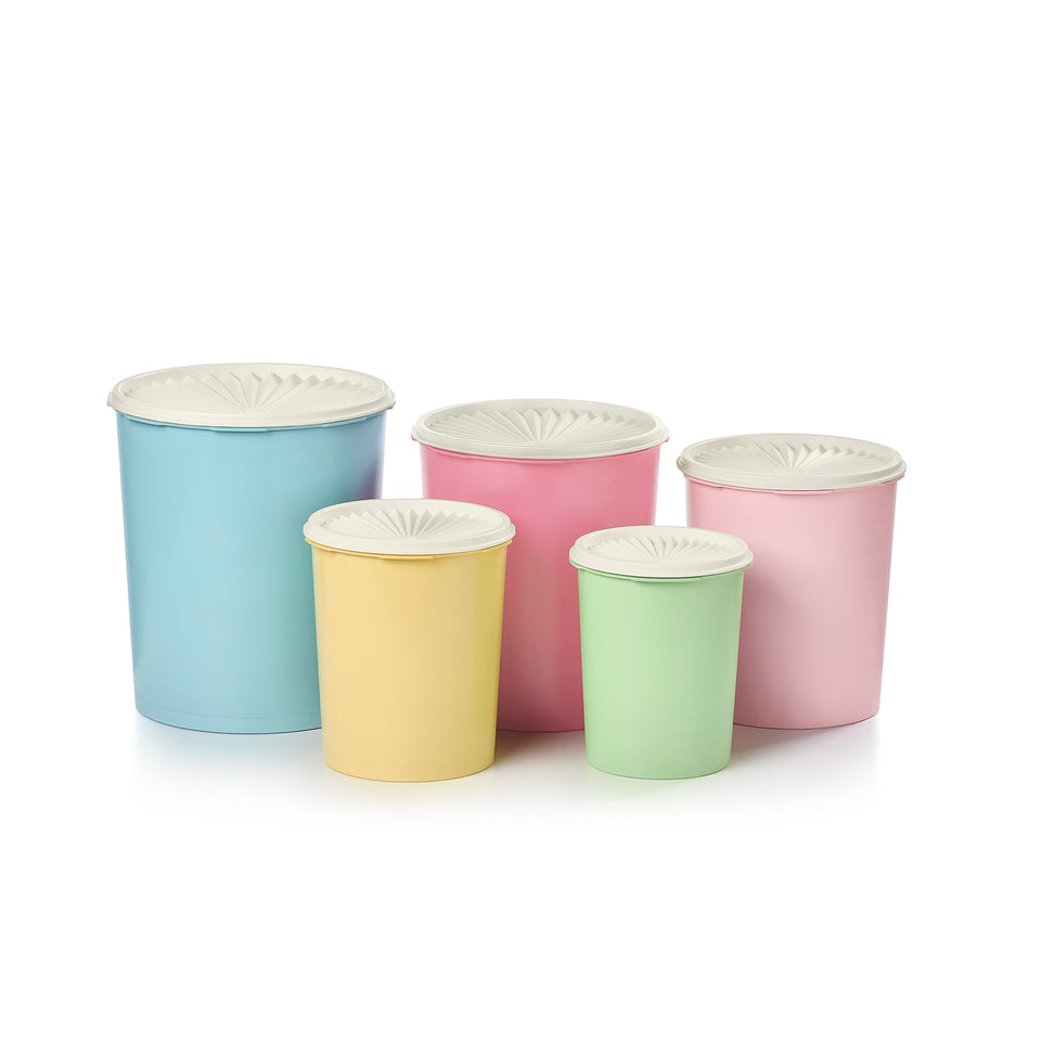 Tupperware Heritage sunburst lid on nested canister for lasting freshness