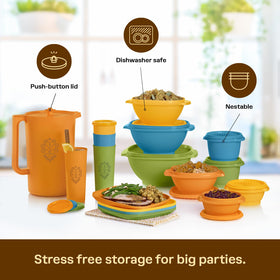 Tupperware Heritage bowls with lids, stackable for compact kitchen organization.