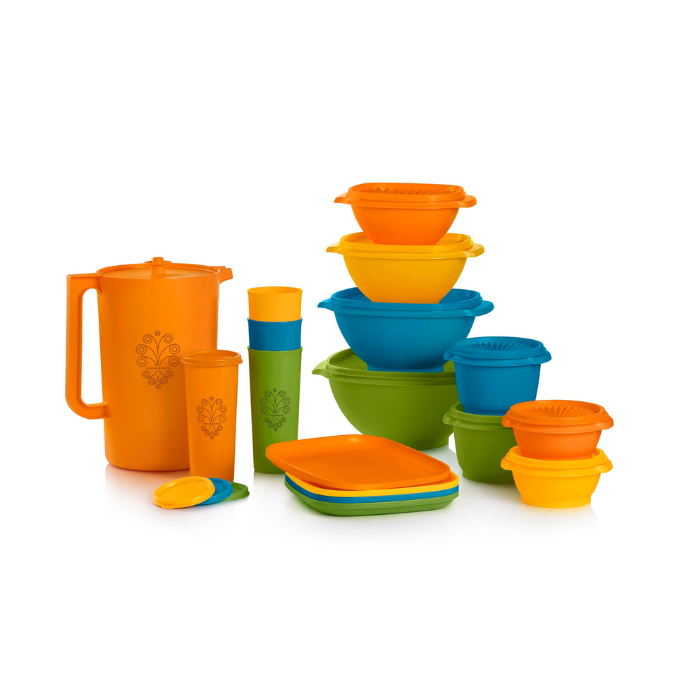 Tupperware Heritage Get it All Retro pitcher with lids, ideal for storing and serving beverages.