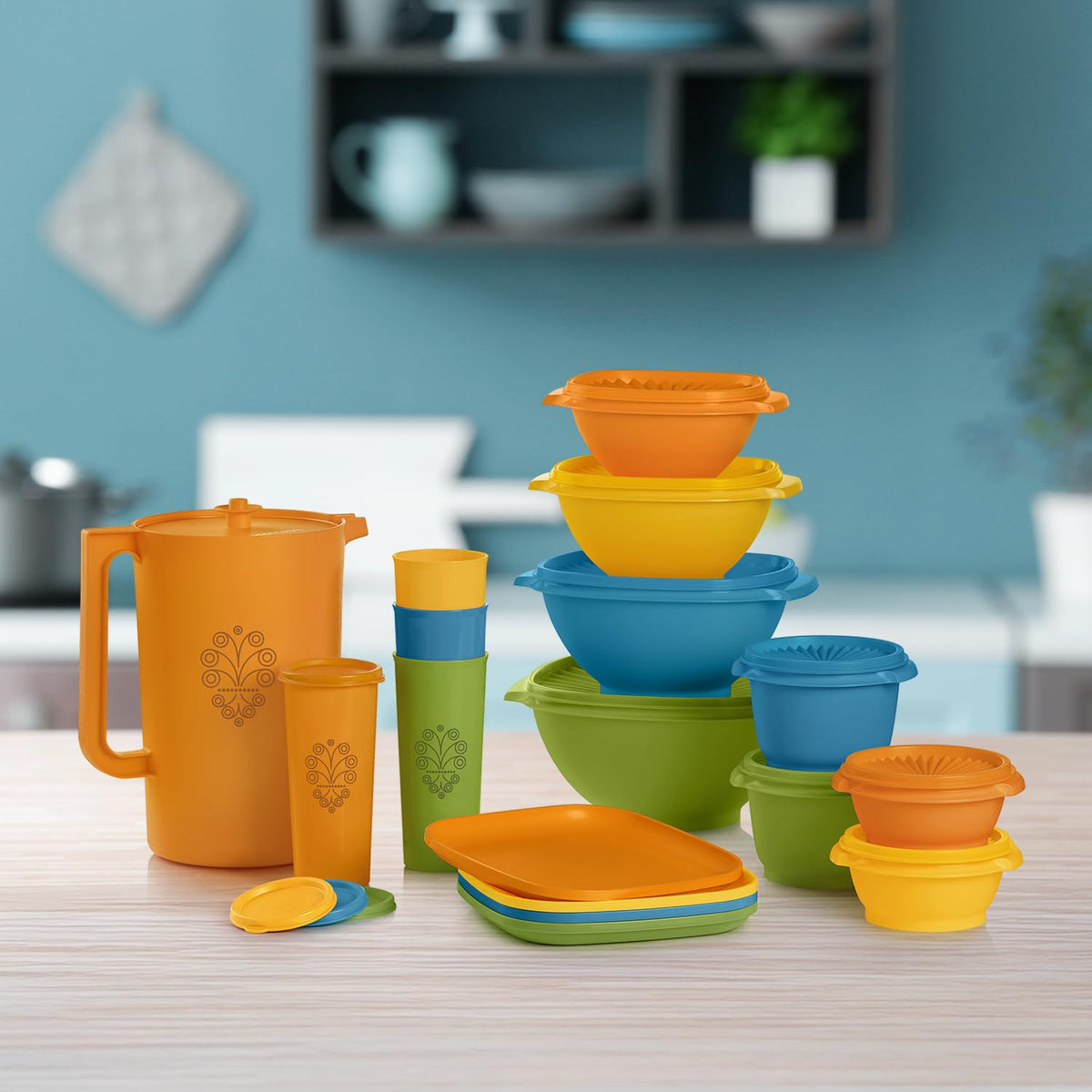 Tupperware Heritage 30-piece set arranged together, space-saving and dishwasher safe.