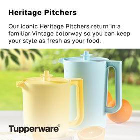 Tupperware Heritage Pitcher blue-yellow lid-switch for secure pouring.