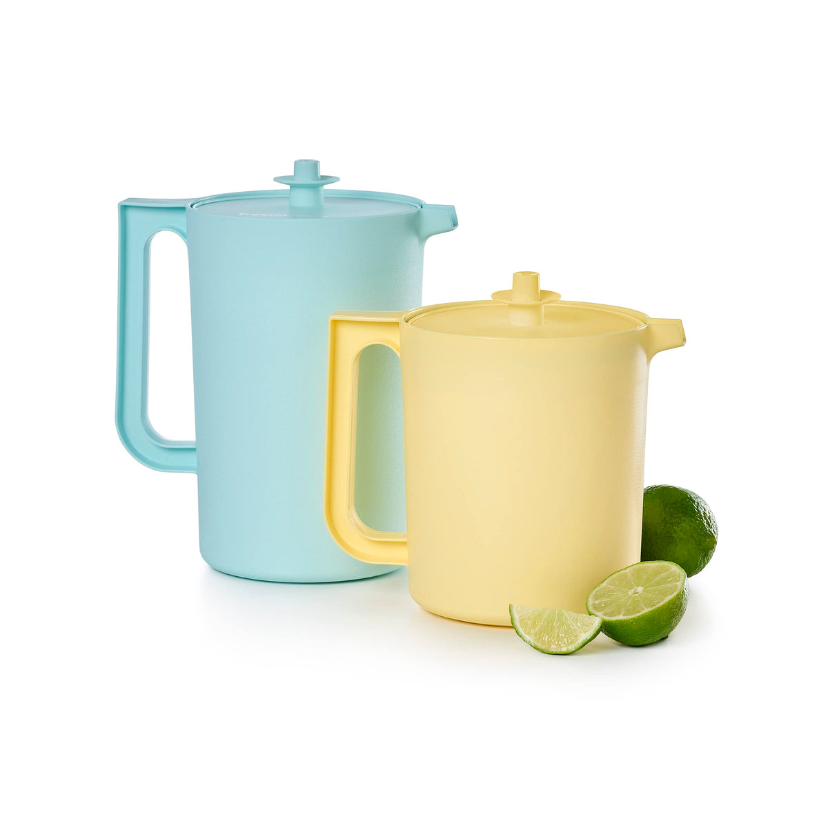 Tupperware Heritage Pitcher blue-yellow pour for everyday beverages.