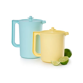 Tupperware Heritage Pitcher blue-yellow pour for everyday beverages.