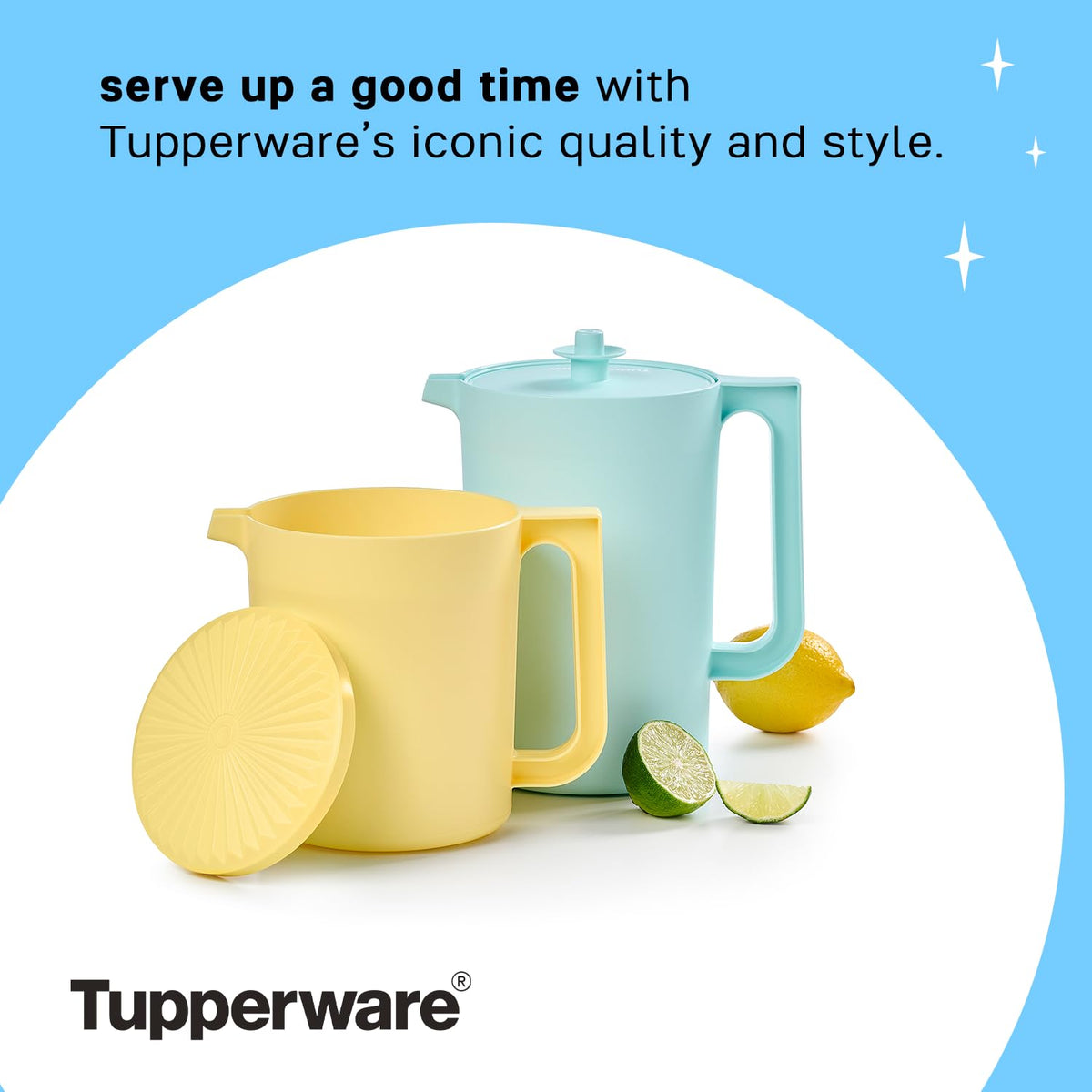 Tupperware Heritage Pitcher ice-control lid reduces splashes.