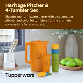 Tupperware Heritage pitcher showing ice-control feature for spill-free serving.