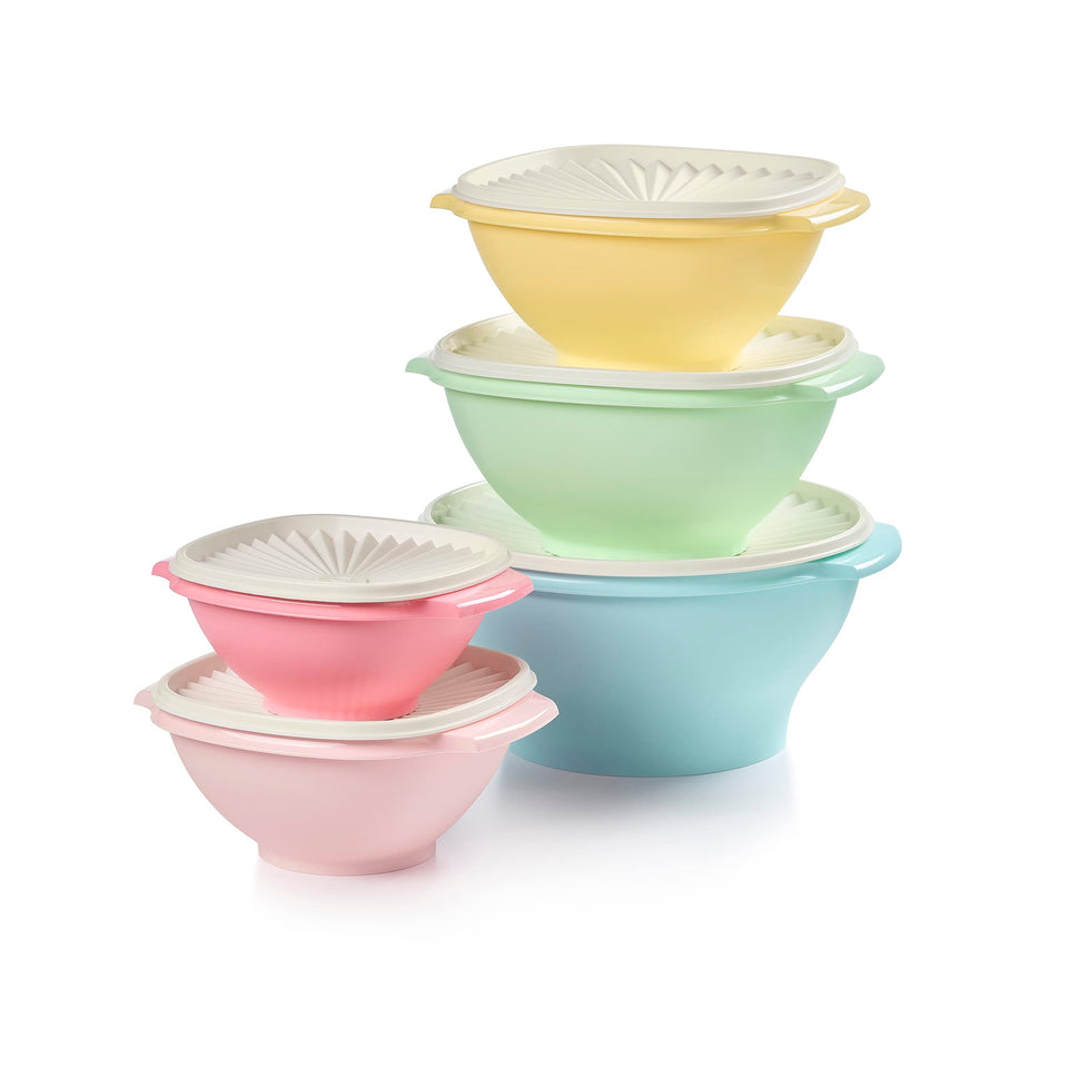 Tupperware Heritage sunburst lids bowls in vintage colors keep food fresh