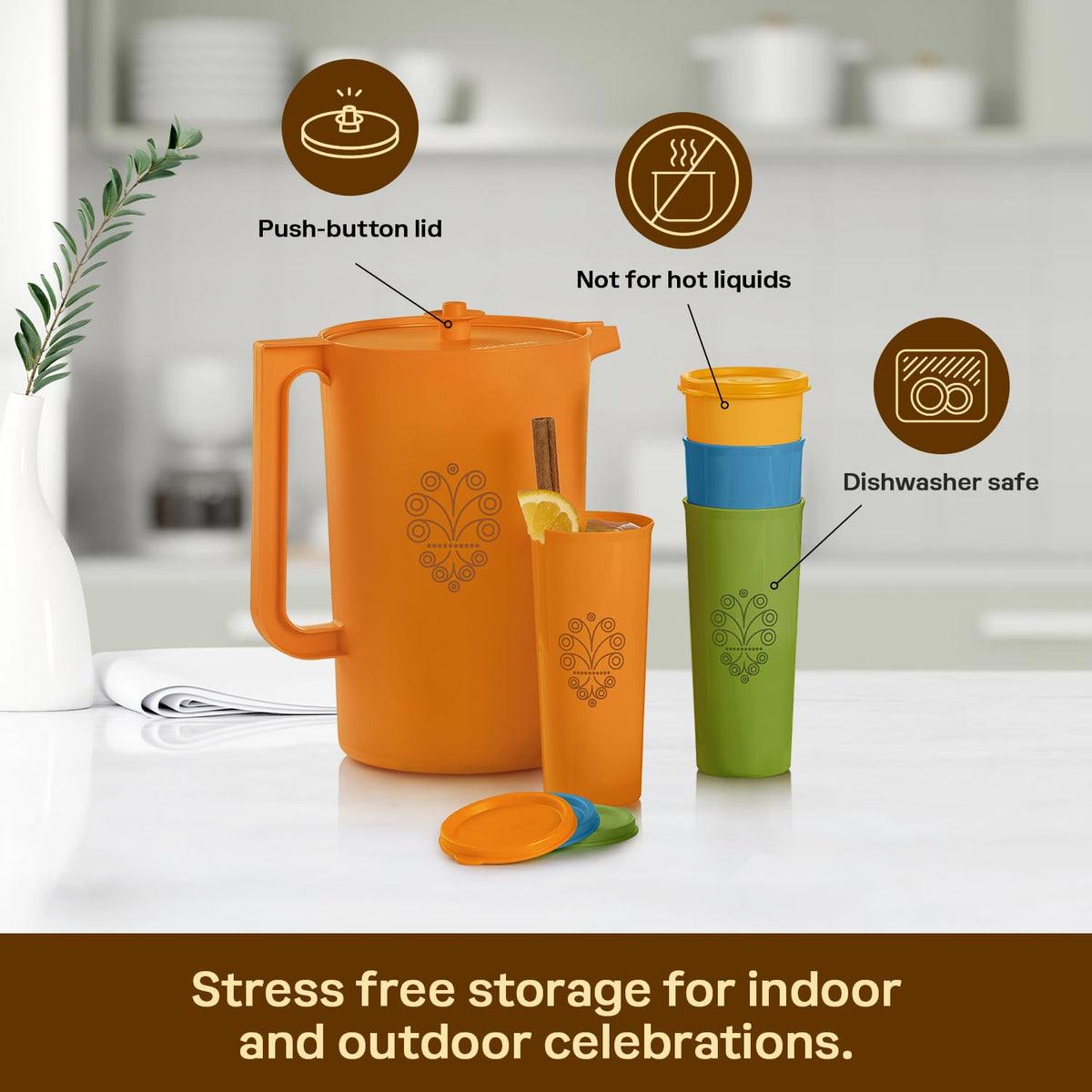 Tupperware Heritage tumbler in Tangelo adding vibrant color to entertaining.