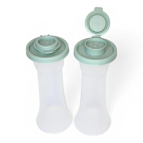 Closeup of sage green seal on Tupperware hourglass shaker highlighting airtight freshness.