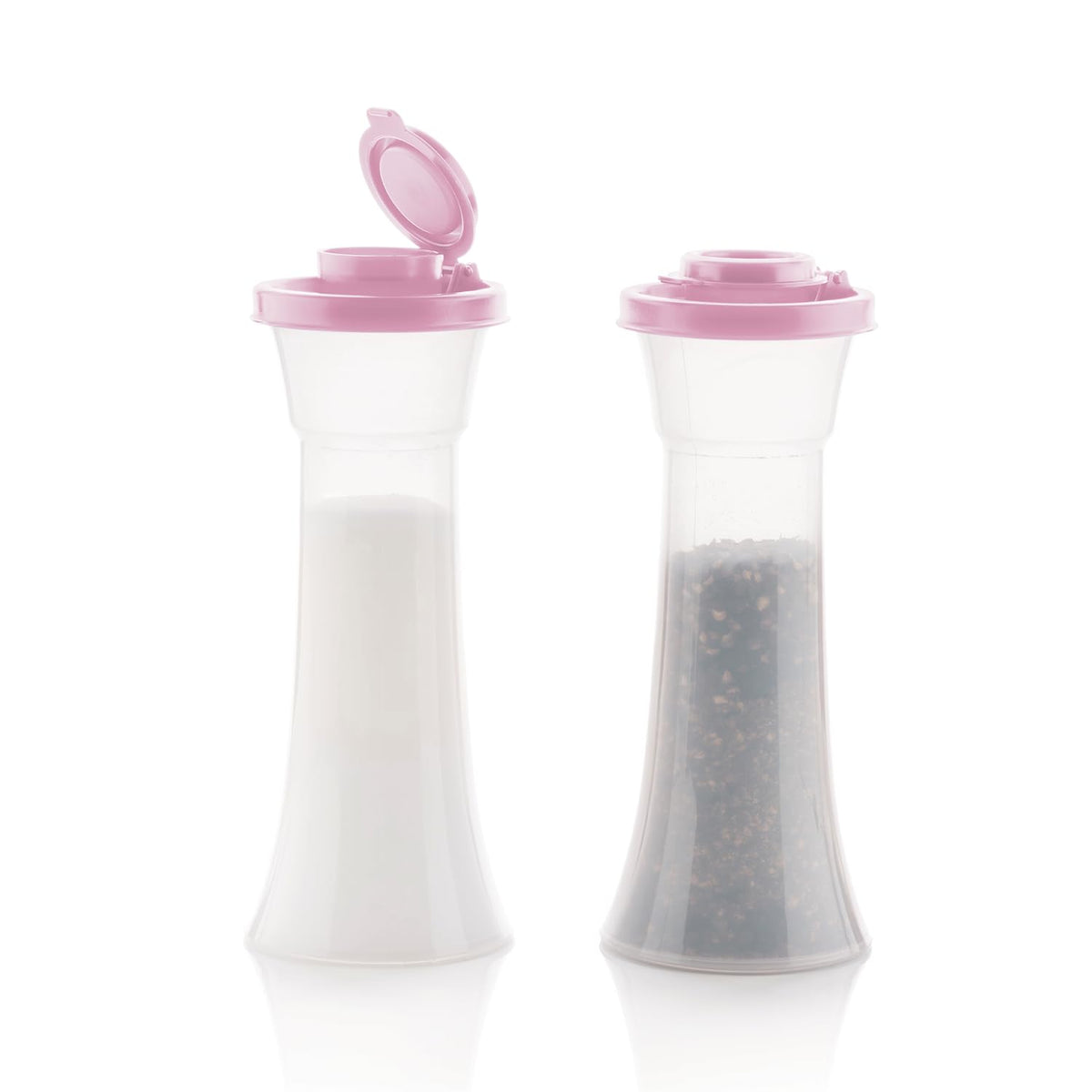 Tupperware hourglass salt and pepper shakers in purple for easy, spill-free seasoning.
