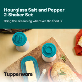 Close-up of teal hourglass shakers showing liquid-tight lid design.