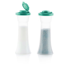 Tupperware hourglass salt and pepper shakers with teal lids for fresh seasoning.