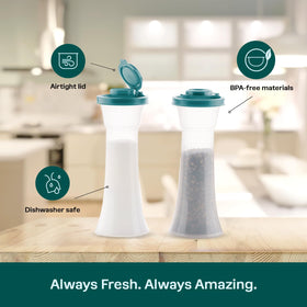 BPA-free materials ensure safe storage for salt and pepper.
