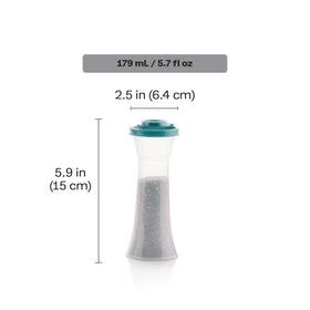 Teal hourglass shakers ready on a dining table for everyday use.
