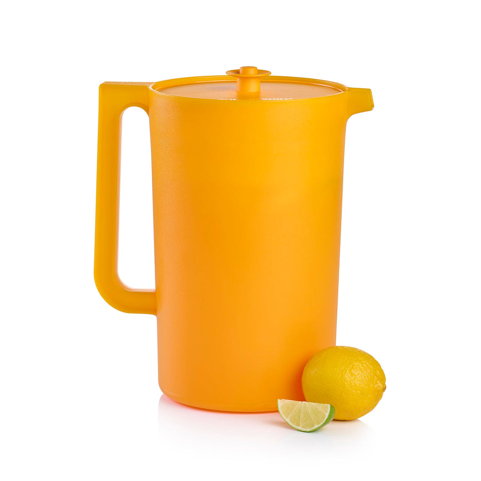Tupperware Impressions pitcher papaya front view with 1-gallon capacity for gatherings.