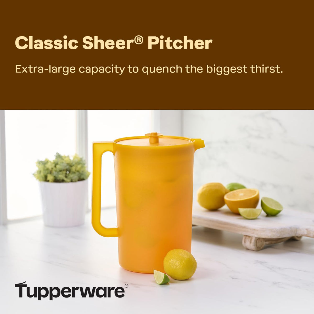 Tupperware Impressions pitcher lid push-button for easy storage and controlled pouring.