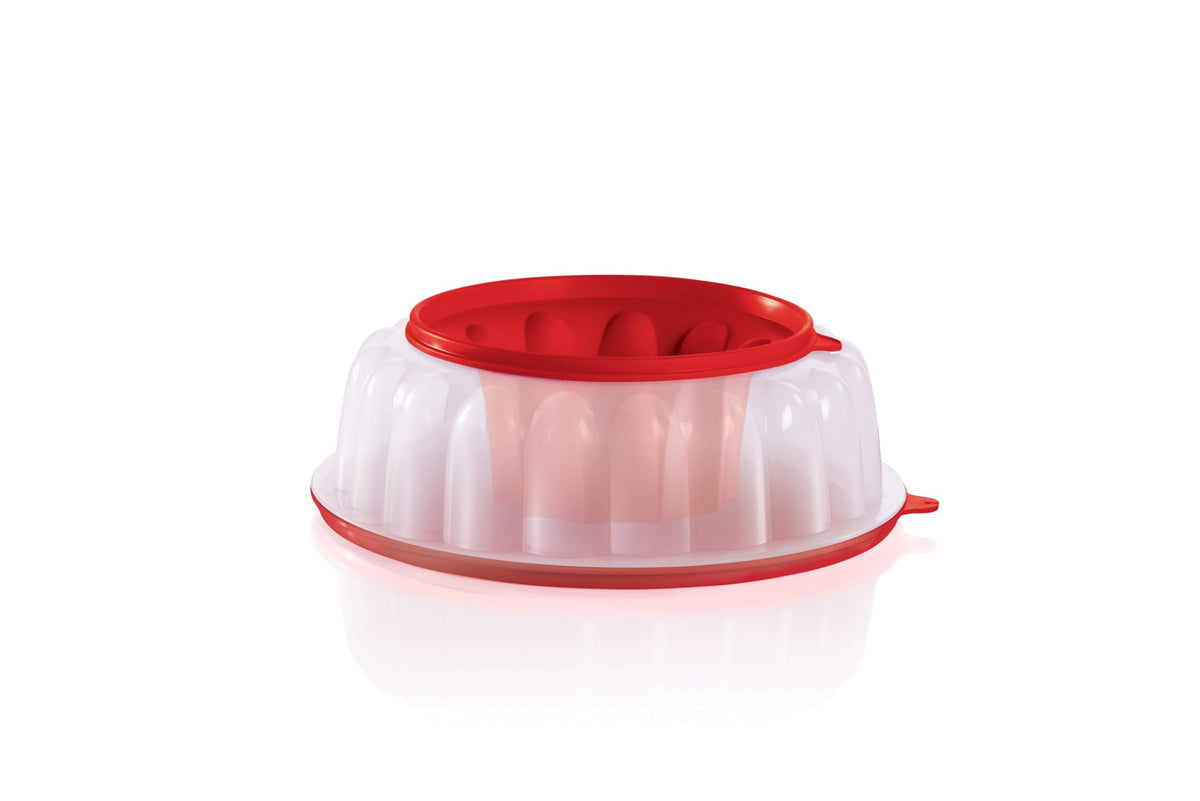 Tupperware Jel Ring dessert mold with lid and insert for easy unmolding.