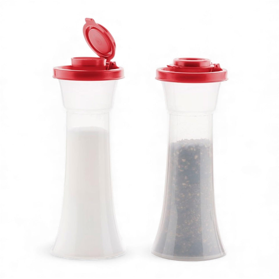 Tupperware large hourglass salt shaker with red seals, moisture protection