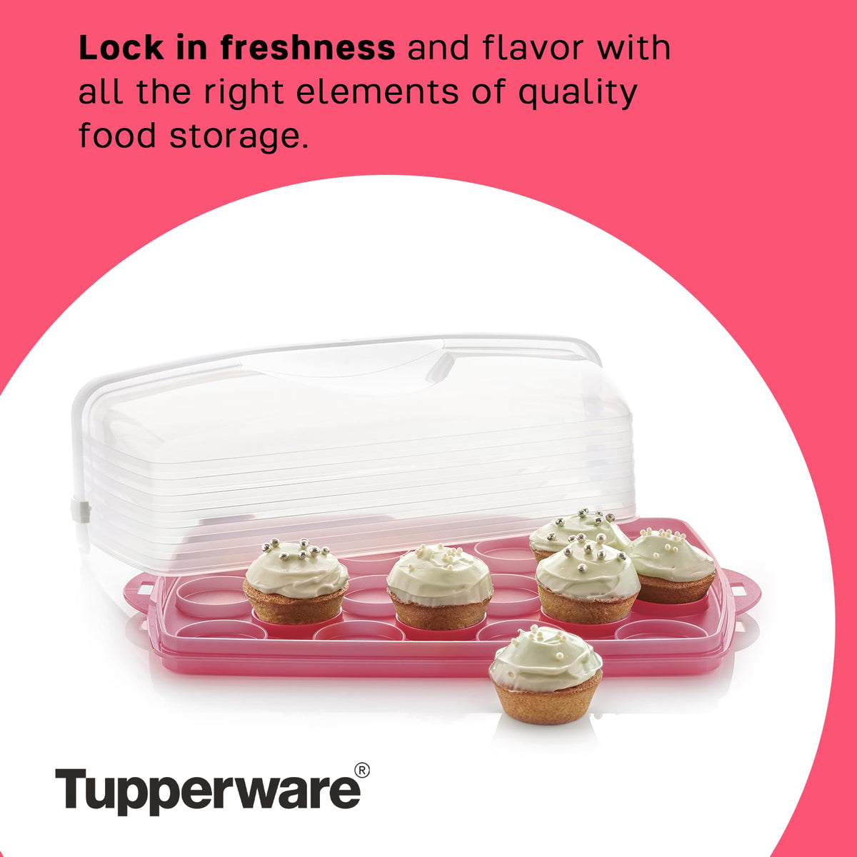 Tupperware pink carrier with large easy-grip handle.