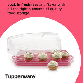 Tupperware pink carrier with large easy-grip handle.