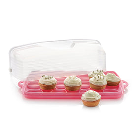 Tupperware pink cake carrier dishwasher safe for easy cleanup.