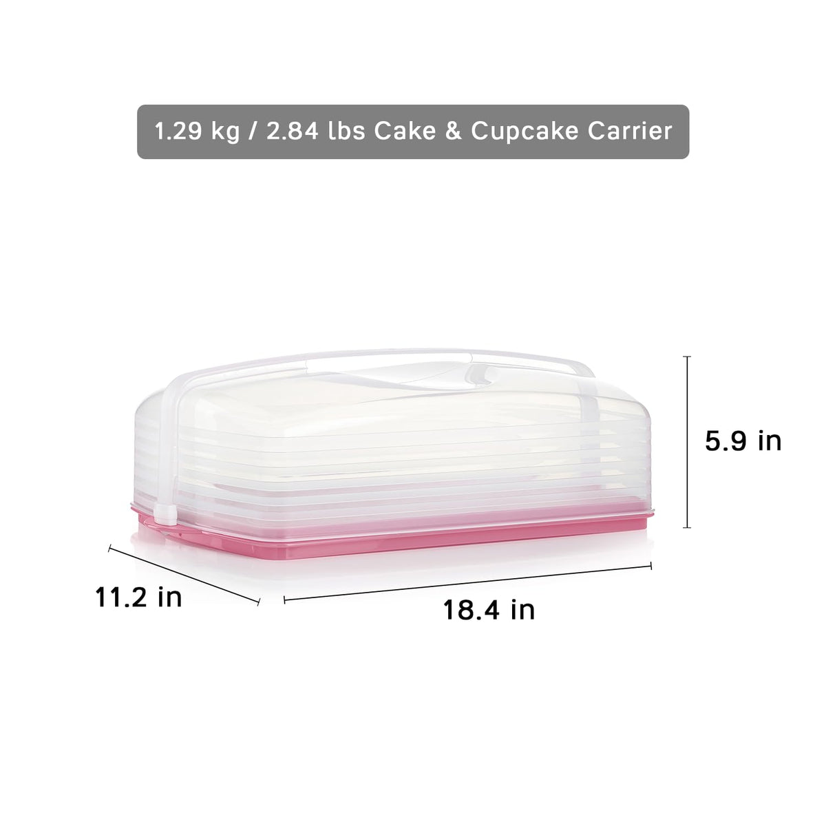 Tupperware pink carrier displaying space for up to 18 cupcakes.