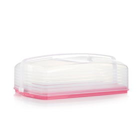 Tupperware pink rectangular cake carrier, front view for safe transport of cakes and cupcakes.