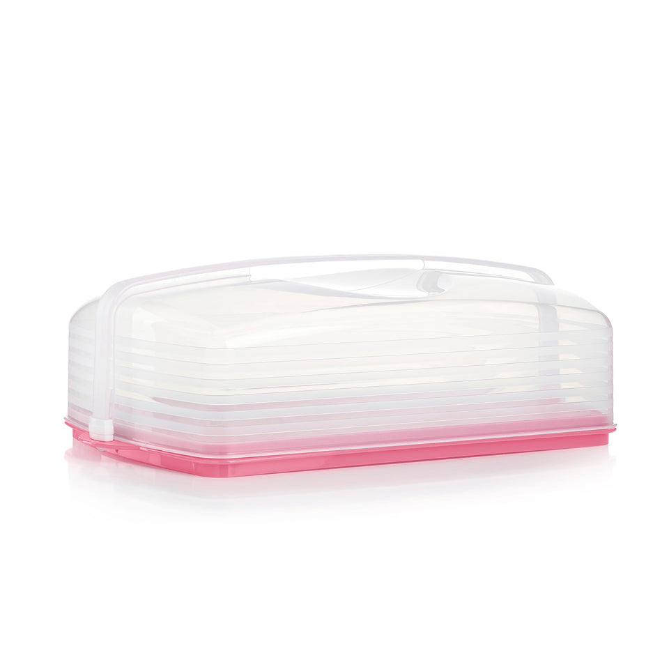 Tupperware pink rectangular cake carrier, front view for safe transport of cakes and cupcakes.