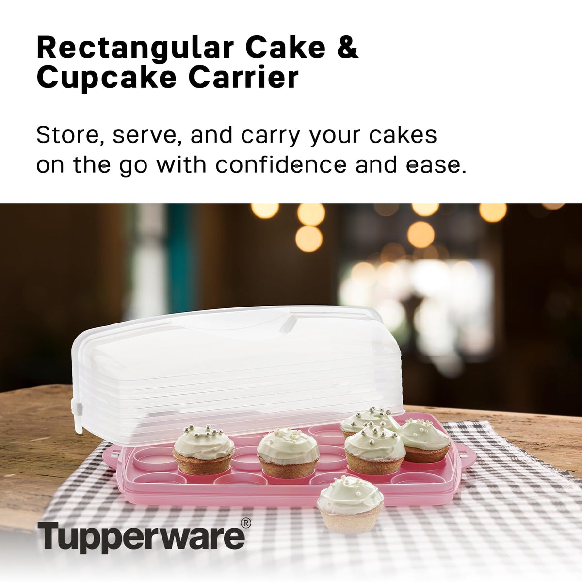 Tupperware pink cake carrier showing reversible base tray with 9x13 cake.