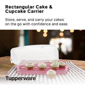 Tupperware pink cake carrier showing reversible base tray with 9x13 cake.