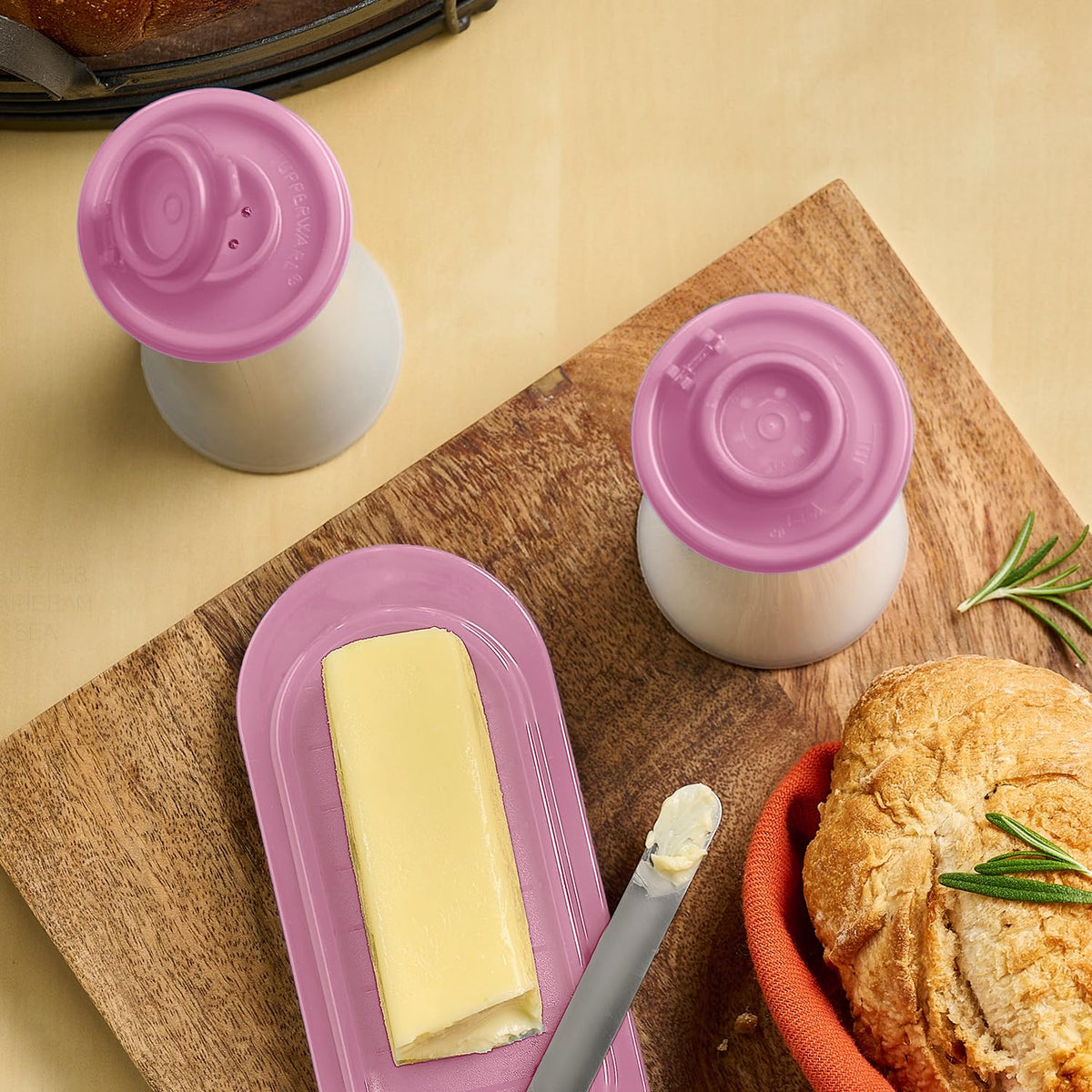 Purple Tupperware set adds vibrant style to kitchen counters.