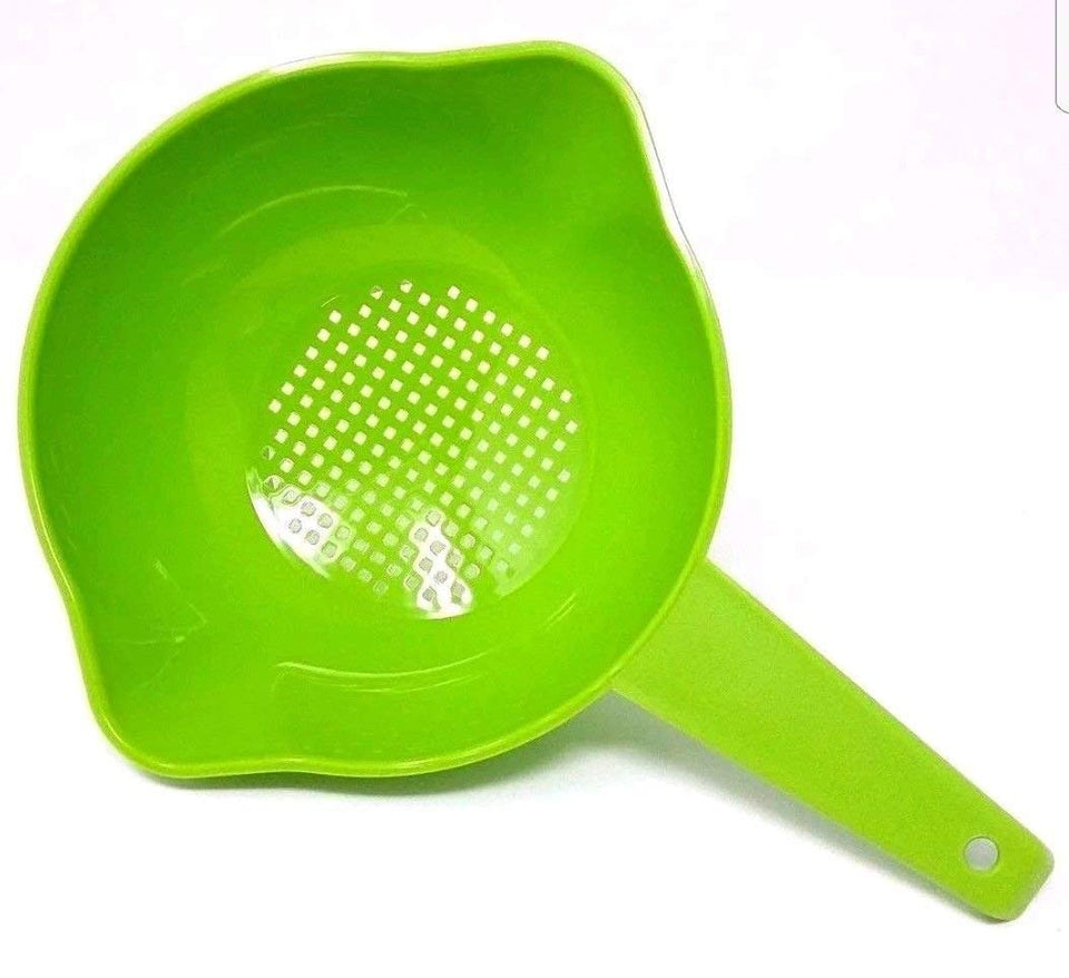 Tupperware small 1-quart colander with lime-green handle for easy draining.