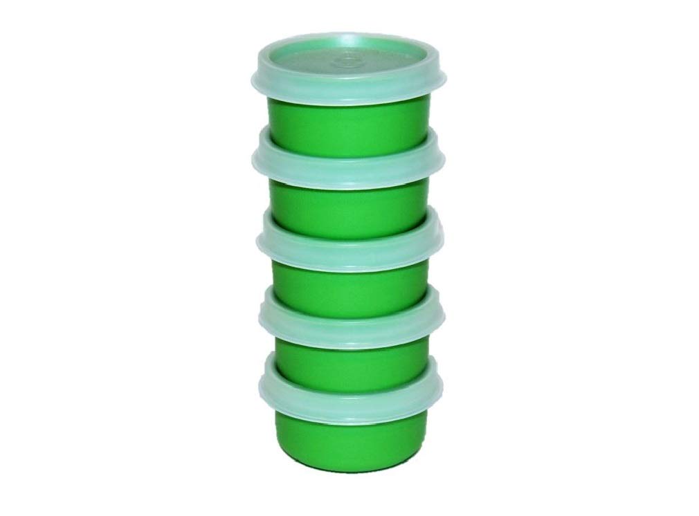 Tupperware Smidgets 1oz mini containers in green, ideal for travel, pills, and small portions