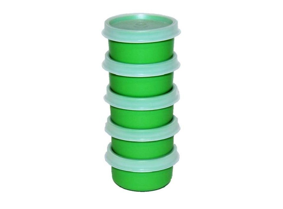 Tupperware Smidgets 1oz mini containers in green, ideal for travel, pills, and small portions