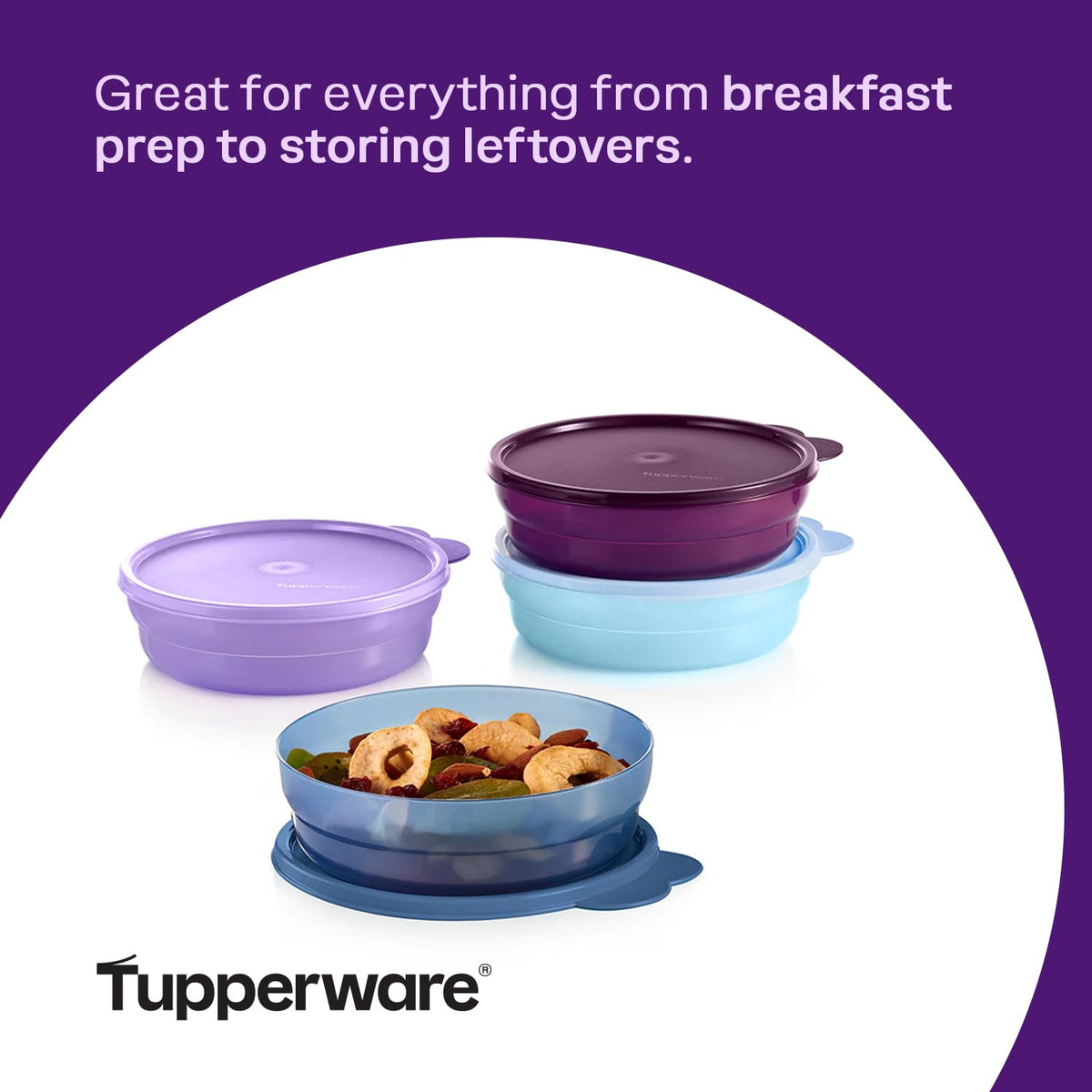 Tupperware stackable and nestable bowls saving pantry space.