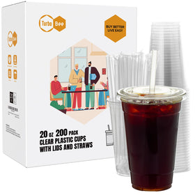 Turbo Bee 200 sets of 20 oz clear cups with lids for spill-free to-go drinks.