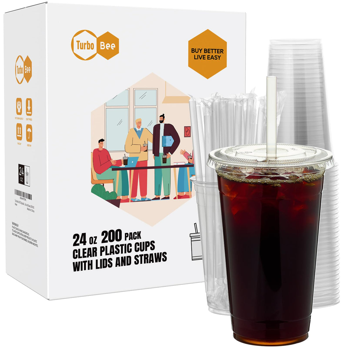 Turbo Bee 24oz clear cup with lid and straw for iced drinks on the go