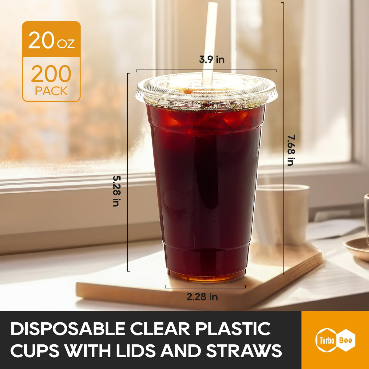 Turbo Bee clear 20 oz plastic cups with straws for iced coffee and smoothies.