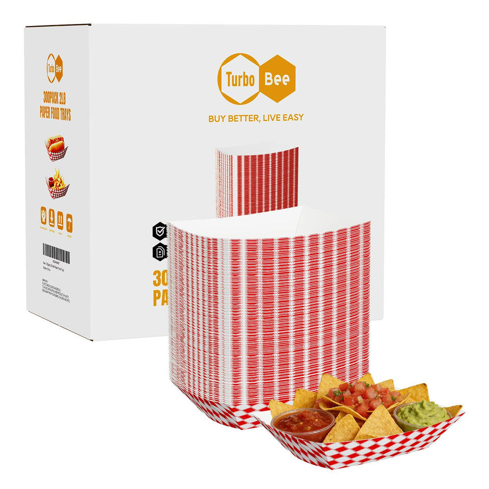 Turbo Bee red white checkered tray with nachos, ideal for fast, high-volume service.